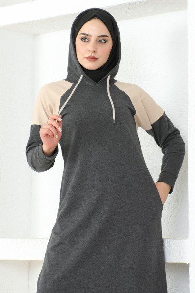 Omuz Detaylı Tesettür Elbise ANTRASİT - Thumbnail