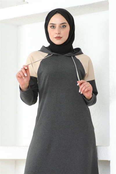 Omuz Detaylı Tesettür Elbise ANTRASİT - Thumbnail