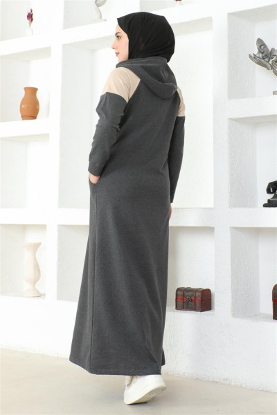 Omuz Detaylı Tesettür Elbise ANTRASİT - Thumbnail