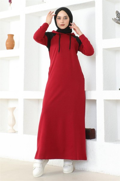 Omuz Detaylı Tesettür Elbise BORDO - Thumbnail