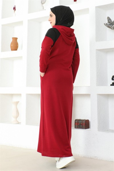 Omuz Detaylı Tesettür Elbise BORDO - Thumbnail