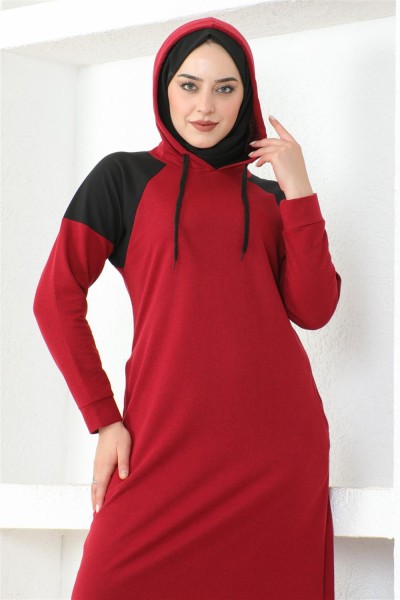 Omuz Detaylı Tesettür Elbise BORDO - Thumbnail