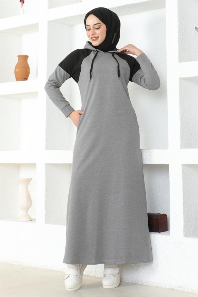 Omuz Detaylı Tesettür Elbise GRİ - Thumbnail
