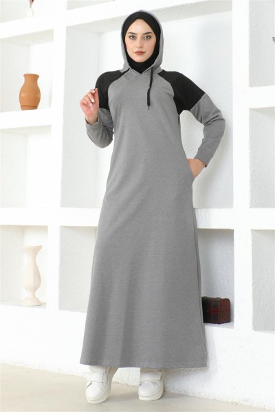 Omuz Detaylı Tesettür Elbise GRİ - Thumbnail