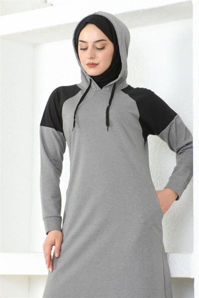 Omuz Detaylı Tesettür Elbise GRİ - Thumbnail