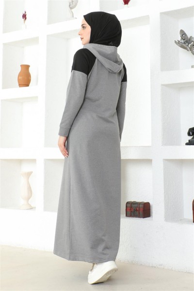 Omuz Detaylı Tesettür Elbise GRİ - Thumbnail