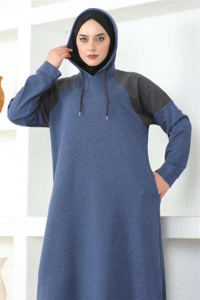 Omuz Detaylı Tesettür Elbise İNDİGO - Thumbnail