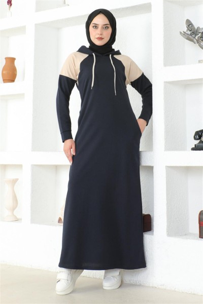 Omuz Detaylı Tesettür Elbise LACİVERT - Thumbnail
