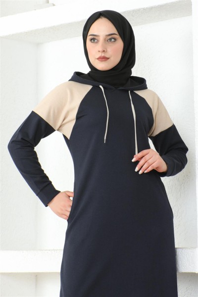 Omuz Detaylı Tesettür Elbise LACİVERT - Thumbnail