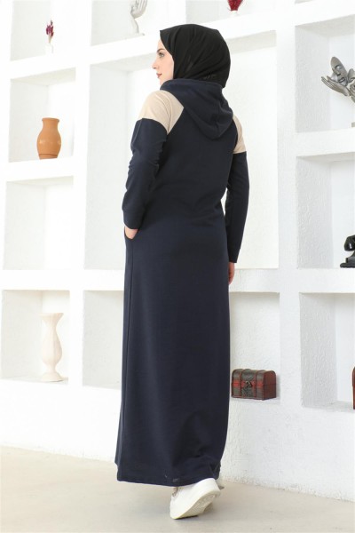 Omuz Detaylı Tesettür Elbise LACİVERT - Thumbnail