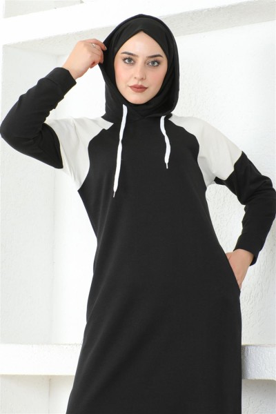 Omuz Detaylı Tesettür Elbise SİYAH - Thumbnail