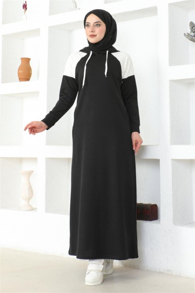 Omuz Detaylı Tesettür Elbise SİYAH - Thumbnail