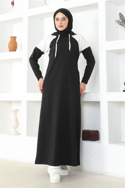 Omuz Detaylı Tesettür Elbise SİYAH - Thumbnail