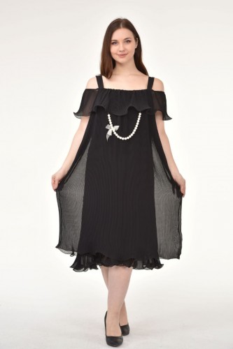 Omzu Açık Askılı Siyah Elbise Mc9412 - Thumbnail