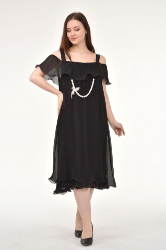 Moda Çizgi - Omzu Açık Askılı Siyah Elbise Mc9412