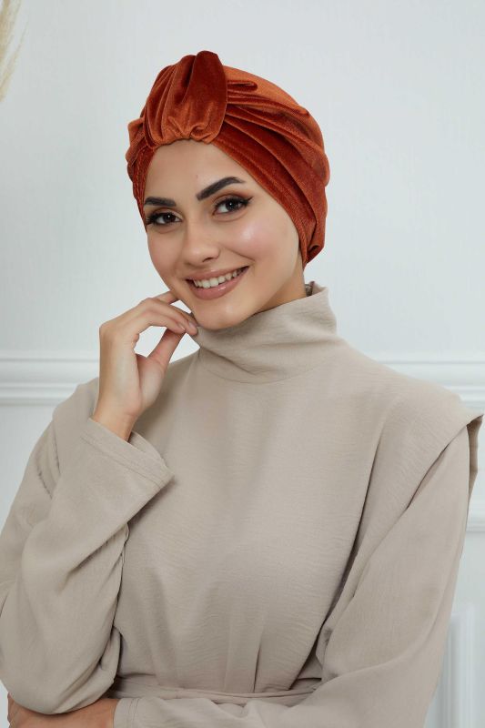 Ön Kemer Detaylı Kadife Bone,B-68K Kiremit - 1