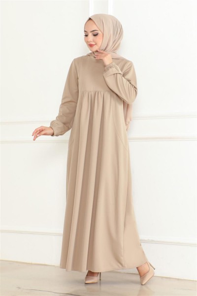 Önden Büzgülü Rahat Elbise BEJ - Thumbnail