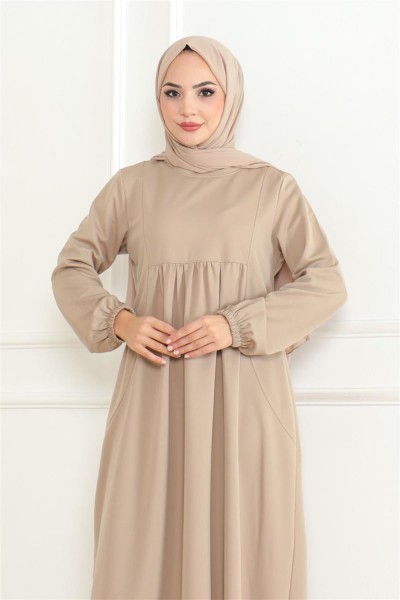 Önden Büzgülü Rahat Elbise BEJ - Thumbnail
