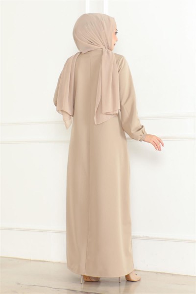 Önden Büzgülü Rahat Elbise BEJ - Thumbnail