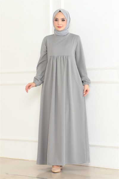 Önden Büzgülü Rahat Elbise GRİ - Thumbnail