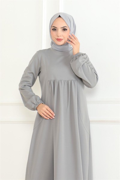 Önden Büzgülü Rahat Elbise GRİ - Thumbnail