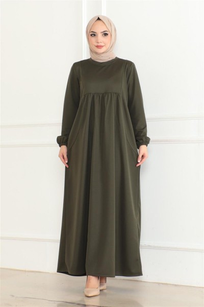 AYM - Önden Büzgülü Rahat Elbise HAKİ