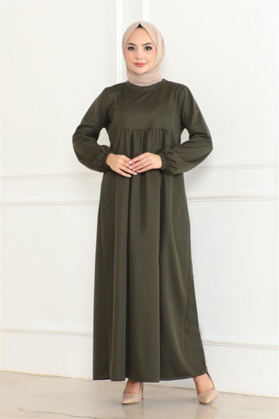 Önden Büzgülü Rahat Elbise HAKİ - Thumbnail