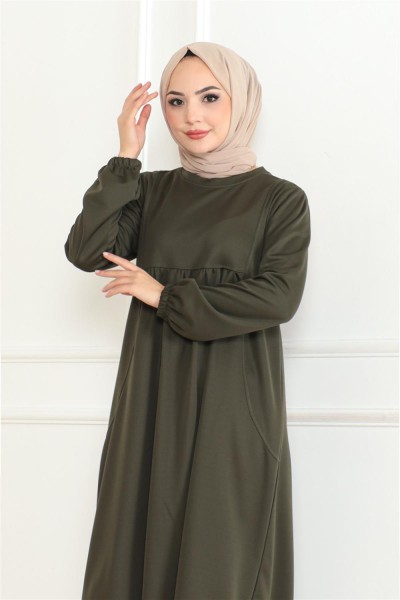 Önden Büzgülü Rahat Elbise HAKİ - Thumbnail