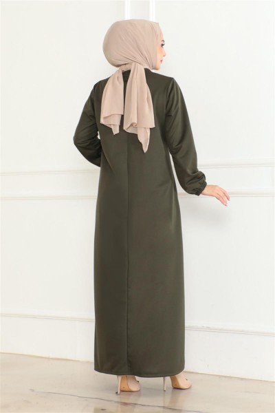 Önden Büzgülü Rahat Elbise HAKİ - Thumbnail