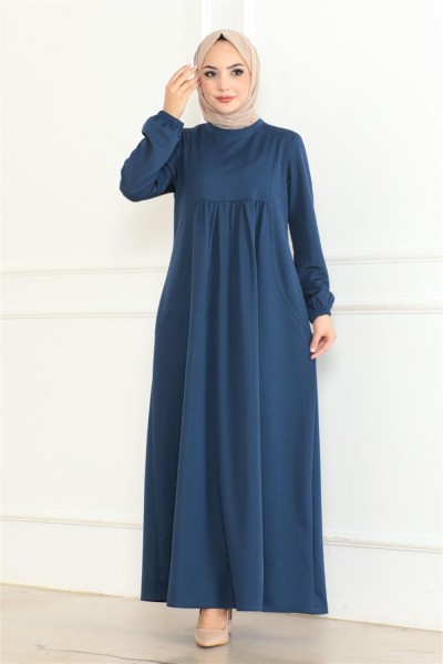 AYM - Önden Büzgülü Rahat Elbise İNDİGO