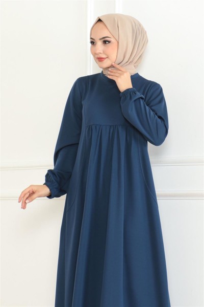 Önden Büzgülü Rahat Elbise İNDİGO - Thumbnail