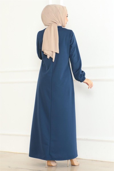 Önden Büzgülü Rahat Elbise İNDİGO - Thumbnail