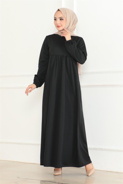 Önden Büzgülü Rahat Elbise SİYAH - Thumbnail