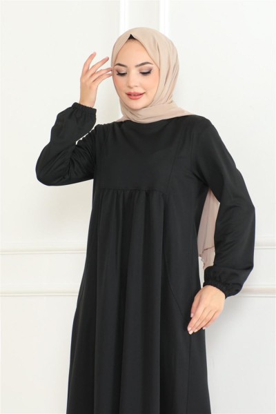 Önden Büzgülü Rahat Elbise SİYAH - Thumbnail
