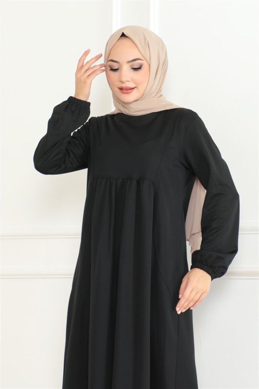 Önden Büzgülü Rahat Elbise SİYAH - 3