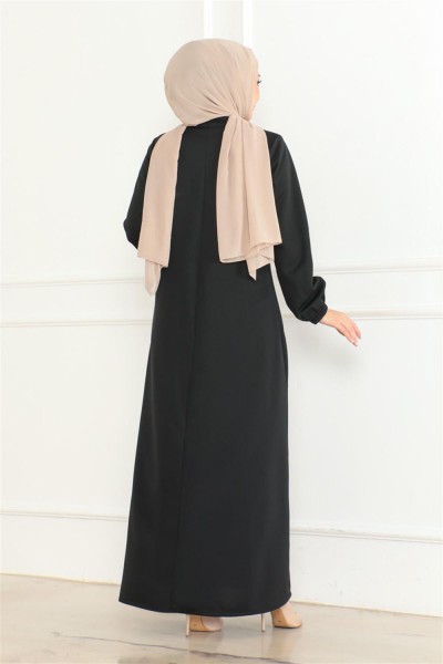 Önden Büzgülü Rahat Elbise SİYAH - Thumbnail