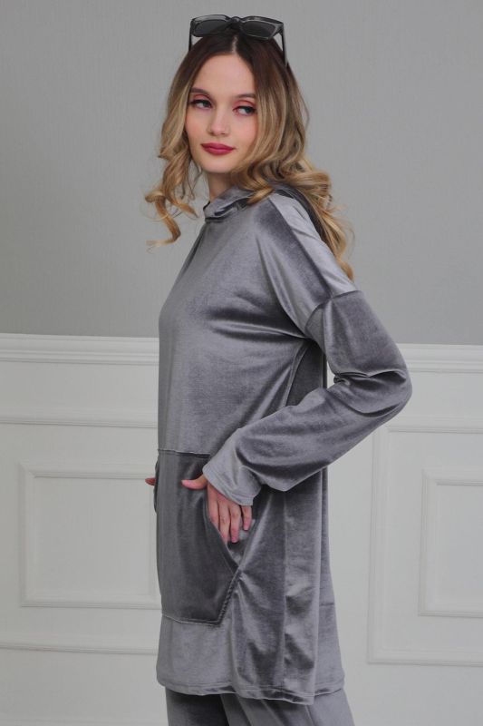 Önden Cepli Kadife Sweatshirt,SW-1KD Gri - 2