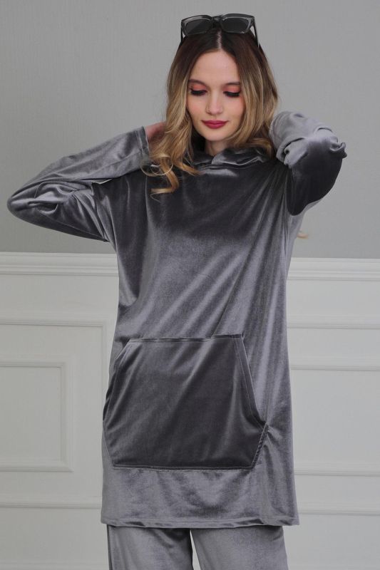 Önden Cepli Kadife Sweatshirt,SW-1KD Gri - 3