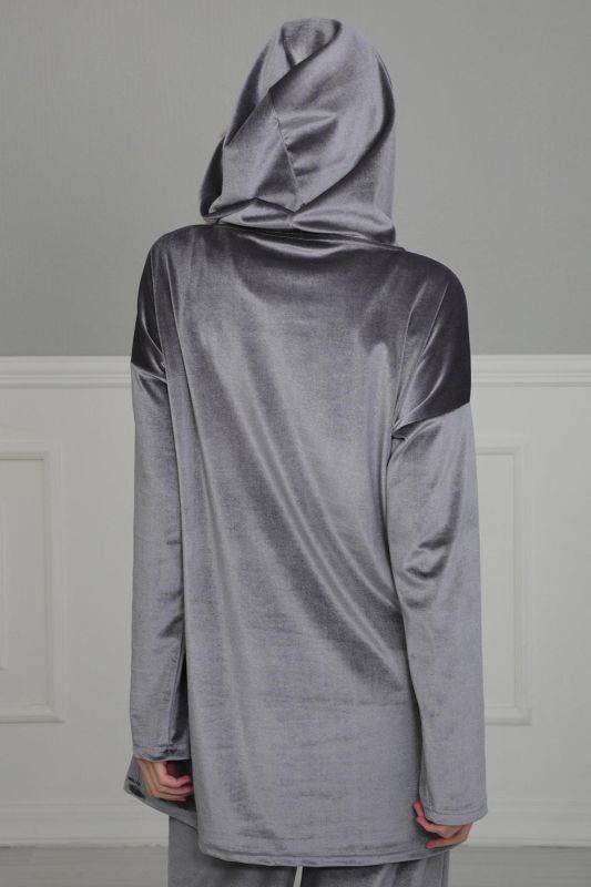 Önden Cepli Kadife Sweatshirt,SW-1KD Gri - 5