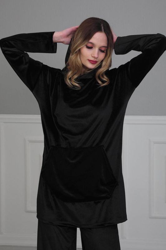 Önden Cepli Kadife Sweatshirt,SW-1KD Siyah - 1