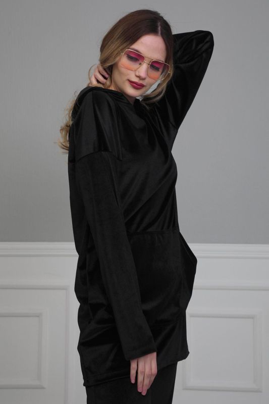 Önden Cepli Kadife Sweatshirt,SW-1KD Siyah - 2