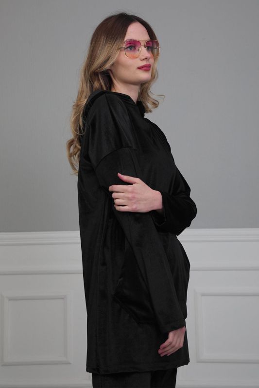Önden Cepli Kadife Sweatshirt,SW-1KD Siyah - 3