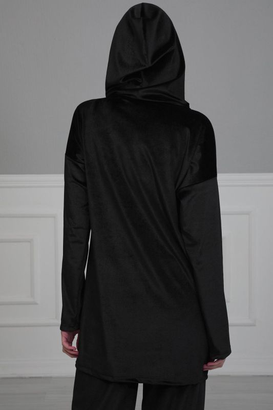 Önden Cepli Kadife Sweatshirt,SW-1KD Siyah - 4