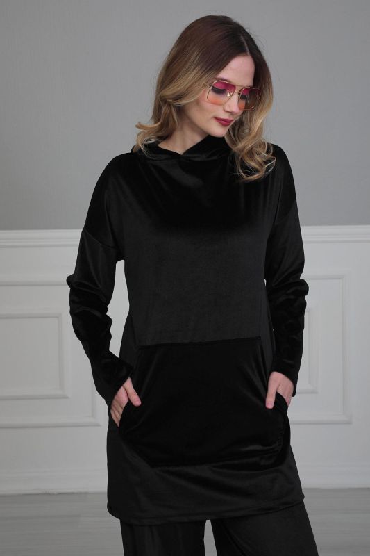 Önden Cepli Kadife Sweatshirt,SW-1KD Siyah - 5