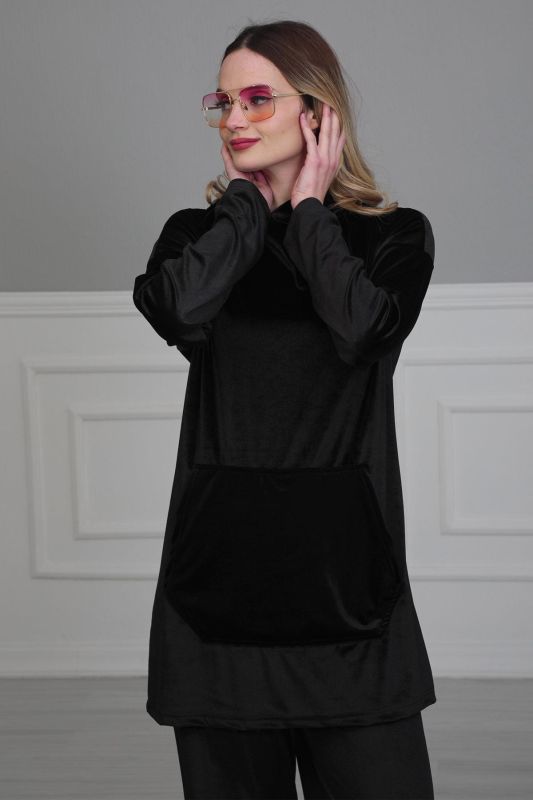 Önden Cepli Kadife Sweatshirt,SW-1KD Siyah - 6