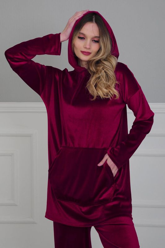 Önden Cepli Kadife Sweatshirt,SW-1KD Vişne Çürüğü - 3