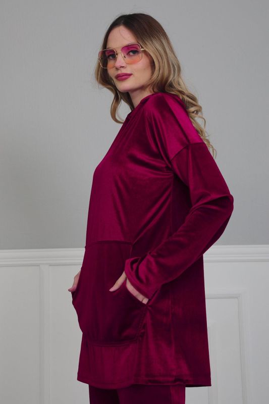 Önden Cepli Kadife Sweatshirt,SW-1KD Vişne Çürüğü - 4