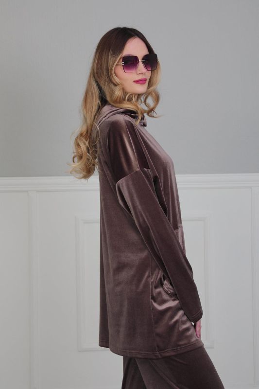 Önden Cepli Kadife Sweatshirt,SW-1KD Vizon - 1