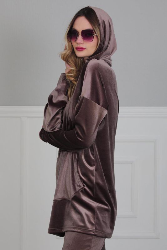 Önden Cepli Kadife Sweatshirt,SW-1KD Vizon - 2