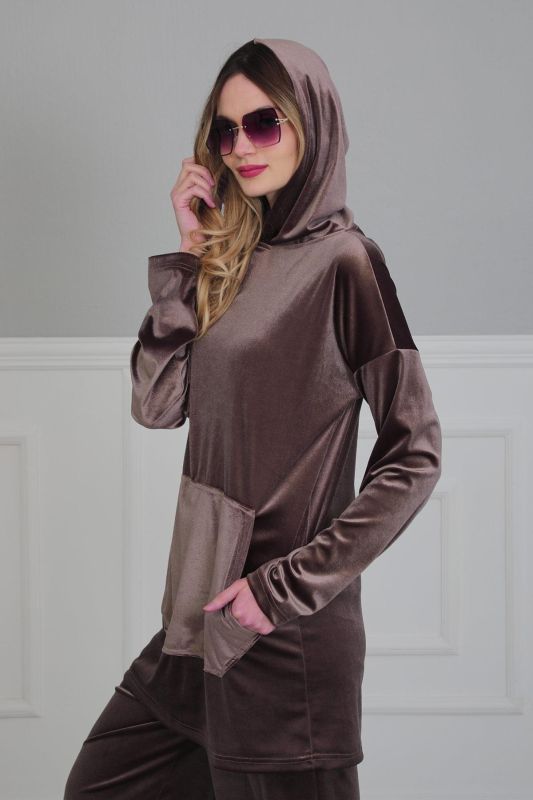 Önden Cepli Kadife Sweatshirt,SW-1KD Vizon - 3